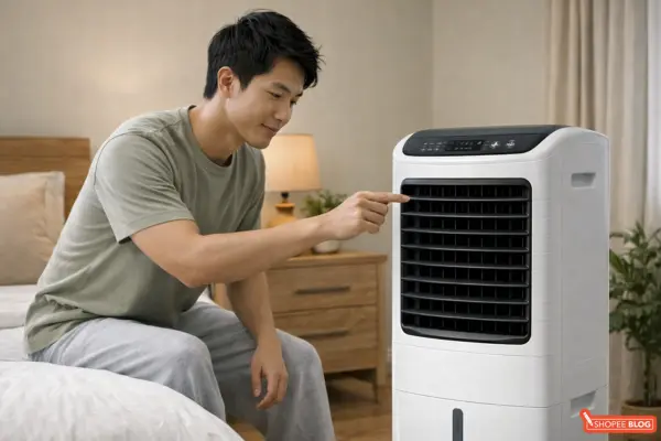 a person turning on the best air cooler in his singapore bedroon